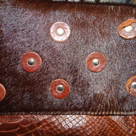 ENTRA Dark Brown Reptile Print Leather Shoulder Crossbody Bag/Calf Hair Flap - Picture 5 of 8